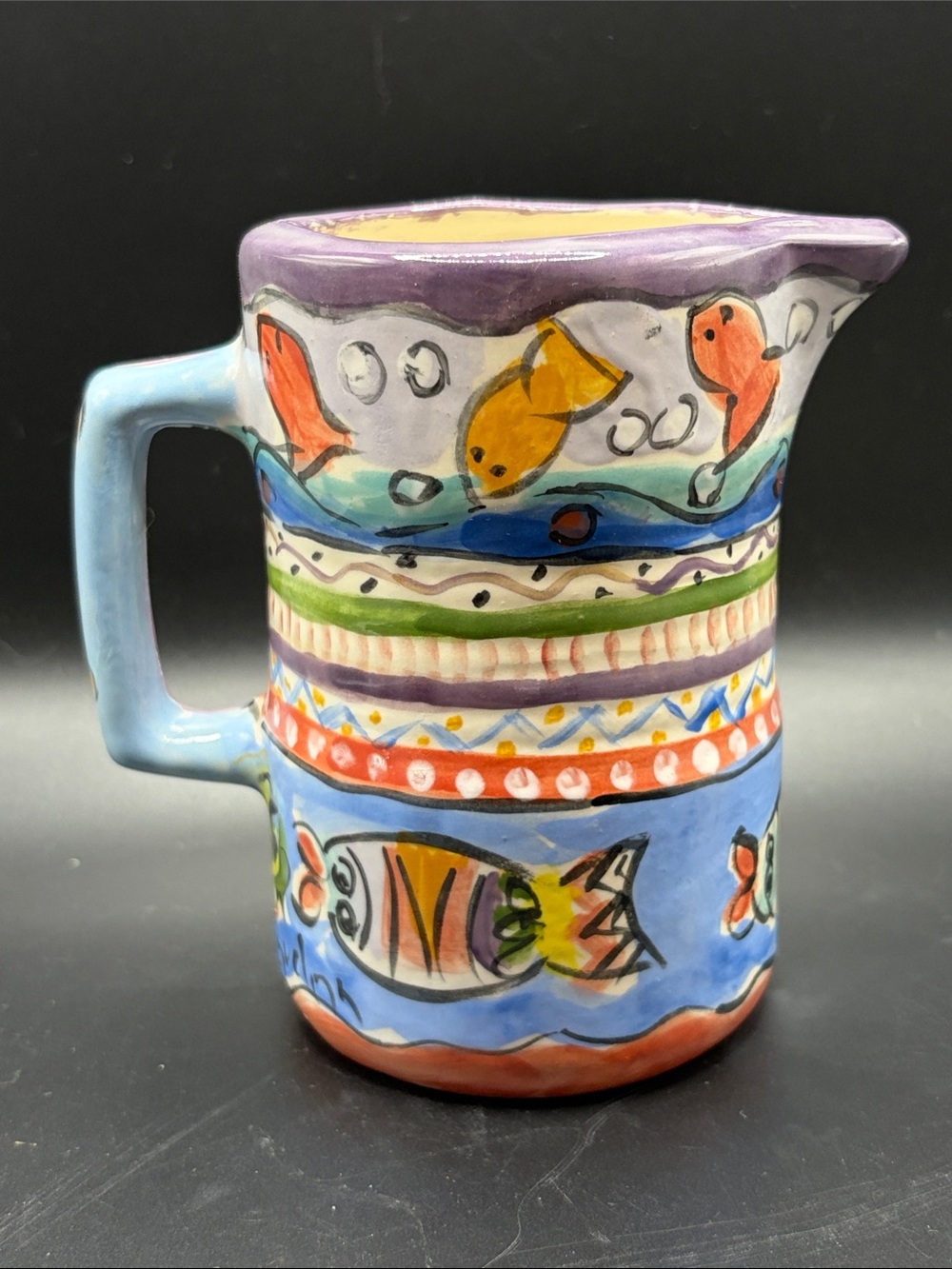Vintage Artist Signed Handmade Colorful Abstract Nautical Fish Pottery Pitcher